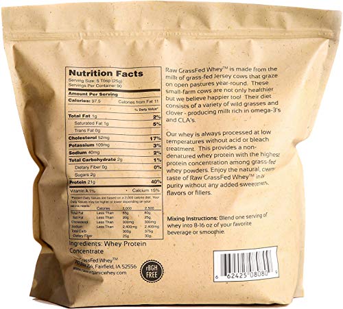 100% Raw Grass Fed Whey - Happy Healthy Cows, COLD PROCESSED Undenatured Protein Powder, GMO-Free + rBGH Free + Soy Free + Gluten Free, Unflavored, Unsweetened (5 LB BULK, 90 Serve)