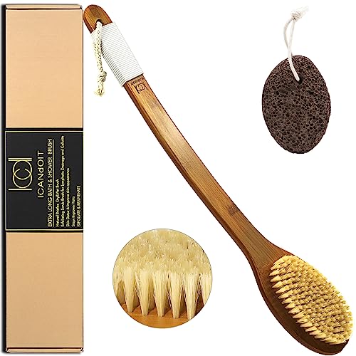 ICANdOIT-19.68Inch Natural Boar Bristles Anti-Slip Extra Long Handle Bath Brush,Bent Handle Shower Scrubber for Exfoliating,Shower Back Brush,Exfoliation Set with Pumice Stone (1 Pack)