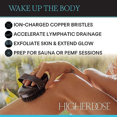 HigherDOSE Supercharge Copper Body Brush - Lymphatic Drainage Brush to Accelerate Drainage of Toxins & Fat - Exfoliating Brush to Reduce Cellulite & Soften Skin - Dry Brush with Ion Charged Bristles