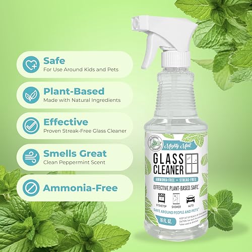 Mighty Mint Glass Cleaner, Non-Toxic, Ammonia-Free, Streak-Free Spray for Windows, Screens, Stovetop, Bathroom, Natural Peppermint Scent, 16oz