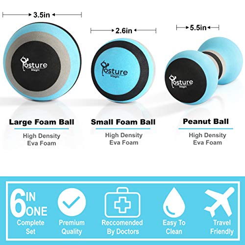 Posture Magic Massage Ball Set for Myofascial Trigger Point Release & Deep Tissue Massage - Set of 6 - Large Foam/Small Foam/Lacrosse/Peanut/Spiky/Hand Exercise Ball (Blue)