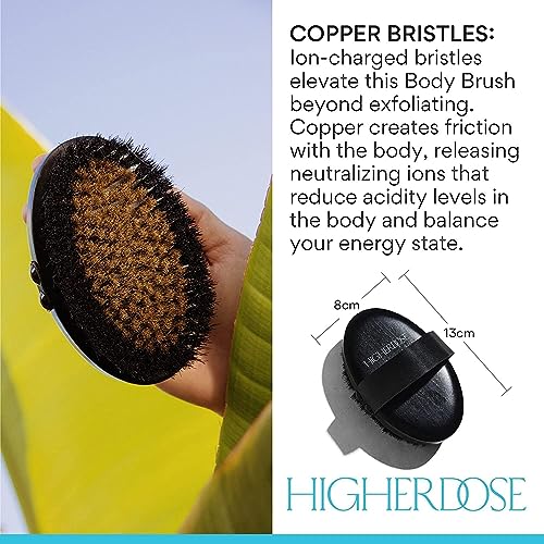 HigherDOSE Supercharge Copper Body Brush - Lymphatic Drainage Brush to Accelerate Drainage of Toxins & Fat - Exfoliating Brush to Reduce Cellulite & Soften Skin - Dry Brush with Ion Charged Bristles