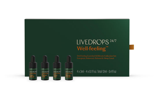 Livedrops 24/7 Well-Feeling Essential Oil Blends Collection Set: Energized, Balanced, Relaxed & Sleep Good. Crafted in France. Pure&Natural. Aromatherapy. Apply on Skin or Diffuser. 4x3ml