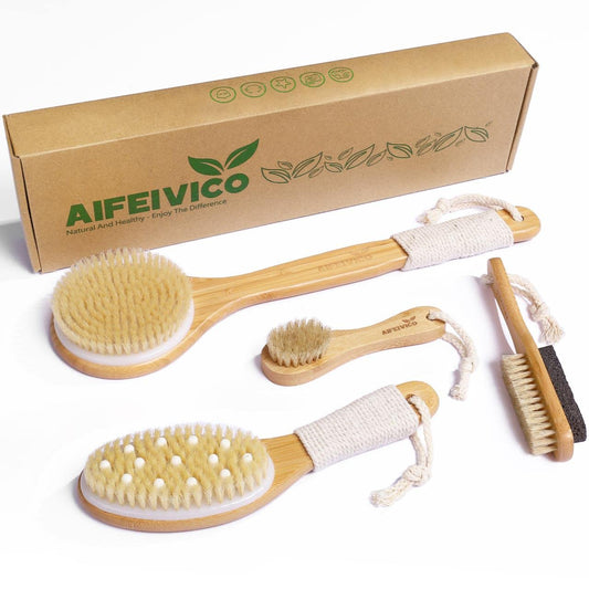 AIFEIVICO Dry Brushing Body Brush, Natural Boar Bristle Exfoliating Dry Brush, Long Handle Back Scrubber Brush, Face Brush, Feet Brush, Massage Nodules Brush for Lymphatic Drainage, Cellulite