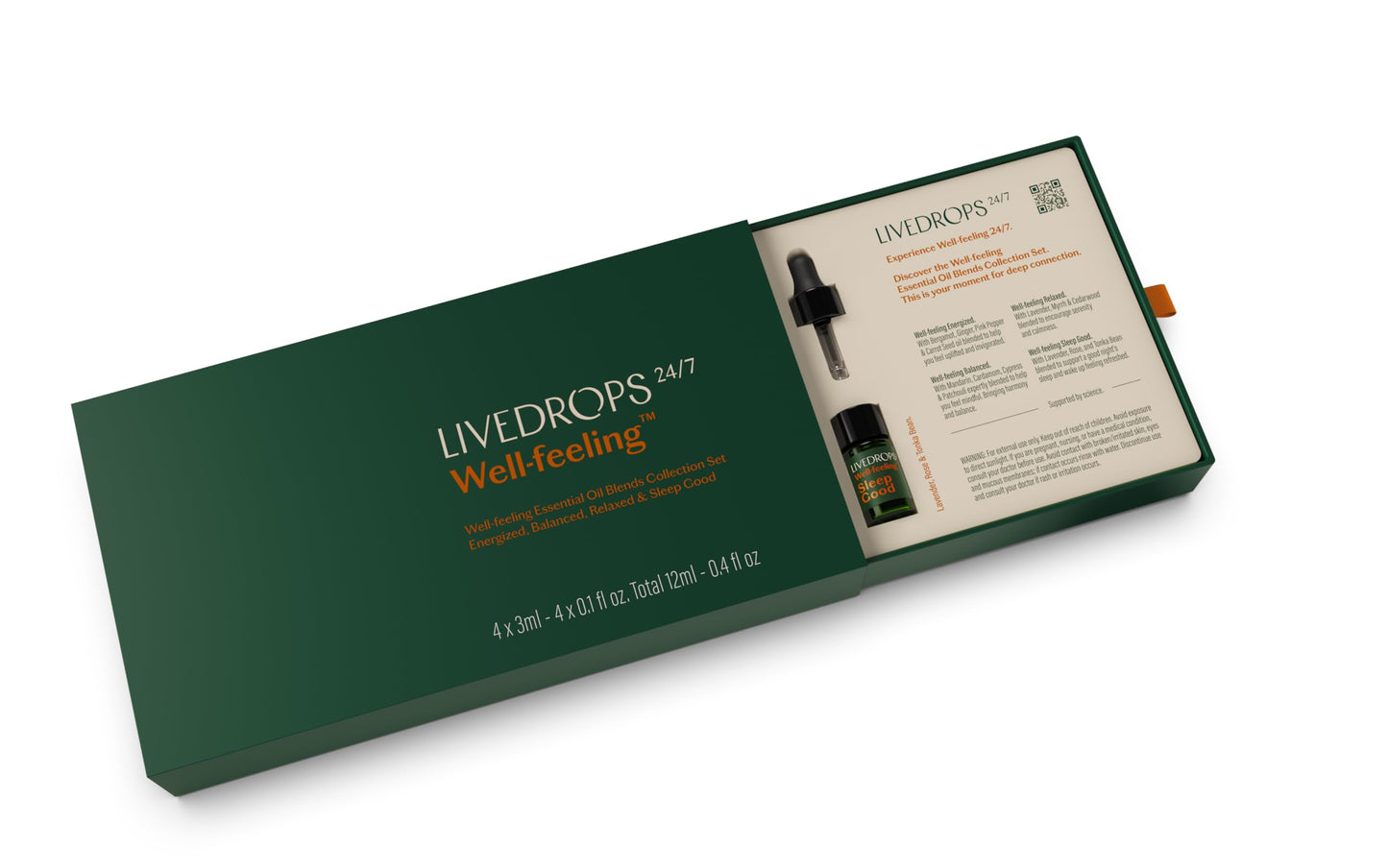 Livedrops 24/7 Well-Feeling Essential Oil Blends Collection Set: Energized, Balanced, Relaxed & Sleep Good. Crafted in France. Pure&Natural. Aromatherapy. Apply on Skin or Diffuser. 4x3ml