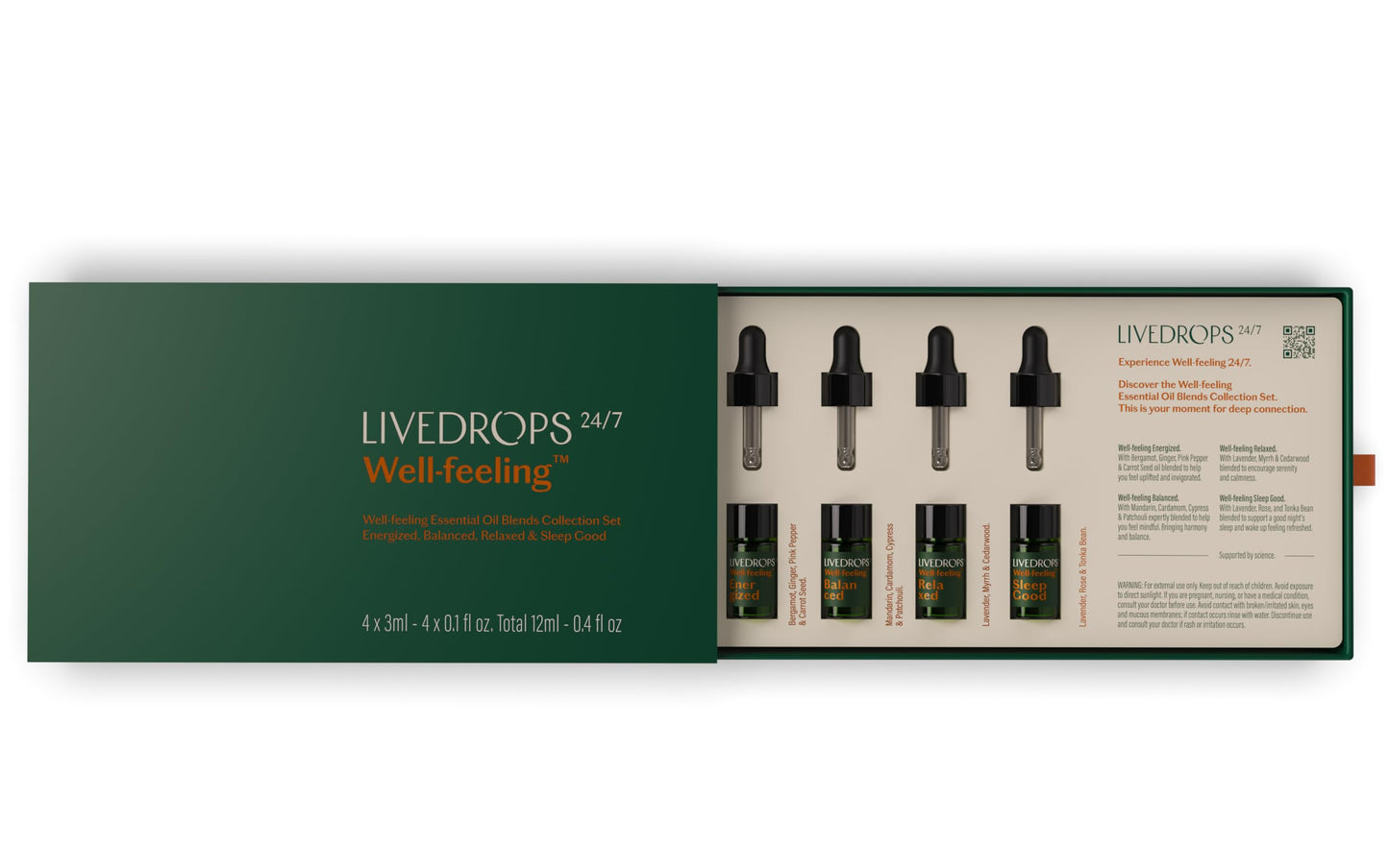 Livedrops 24/7 Well-Feeling Essential Oil Blends Collection Set: Energized, Balanced, Relaxed & Sleep Good. Crafted in France. Pure&Natural. Aromatherapy. Apply on Skin or Diffuser. 4x3ml