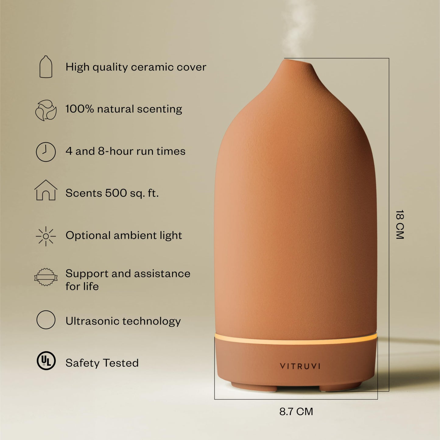 Vitruvi Stone Diffuser, Ceramic Ultrasonic Essential Oil Diffuser for Aromatherapy | Ceramic Diffuser, Diffusers for Home, Oil Diffuser, Terracotta, 90ml Capacity