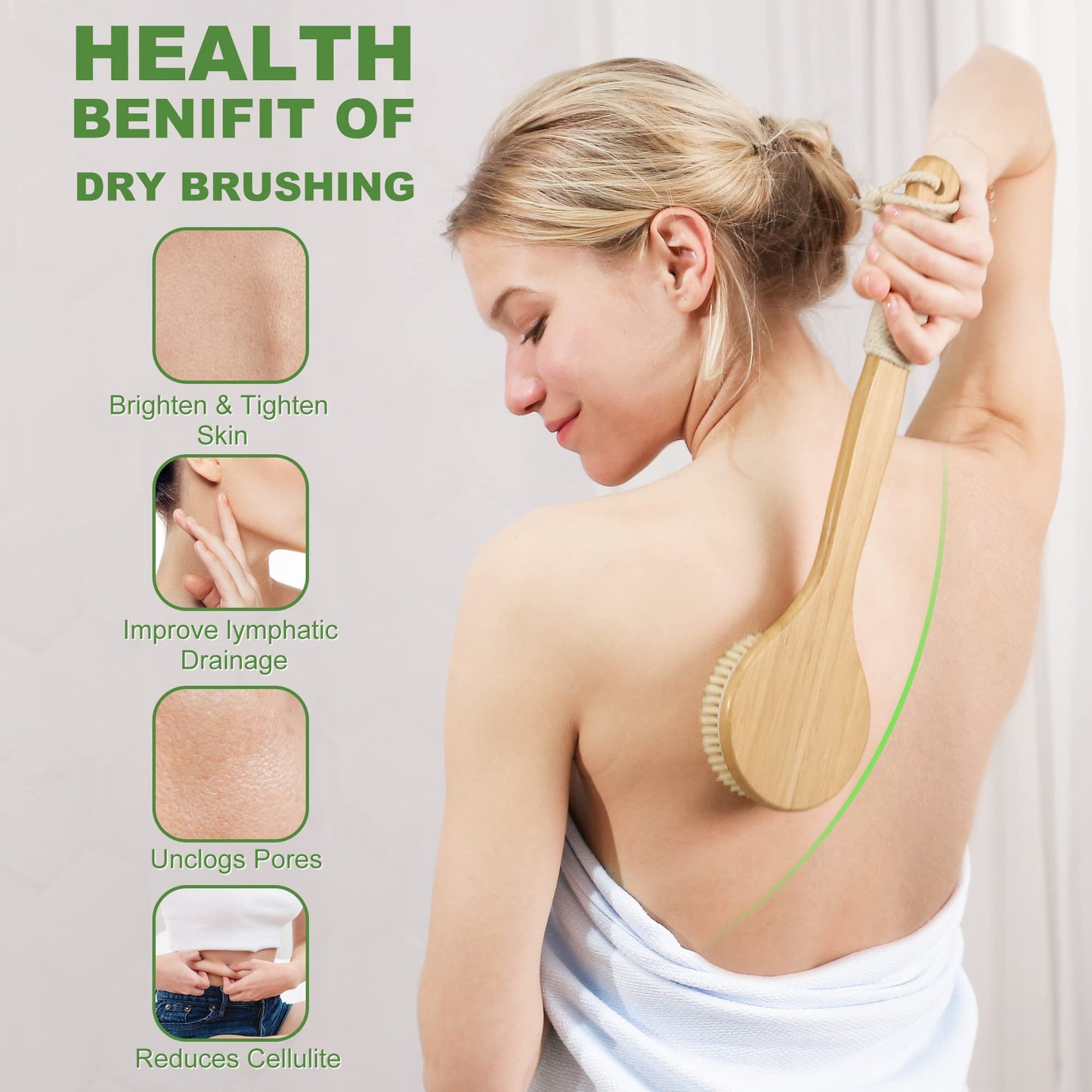 AIFEIVICO Dry Brushing Body Brush, Natural Boar Bristle Exfoliating Dry Brush, Long Handle Back Scrubber Brush, Face Brush, Feet Brush, Massage Nodules Brush for Lymphatic Drainage, Cellulite