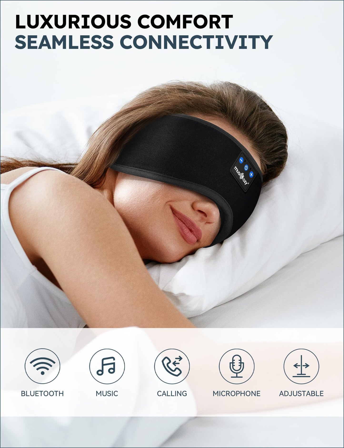 MUSICOZY Sleep Headphones Bluetooth 5.2 Headband Sleeping Headphones Sleep Eye Mask, Wireless Music Earbuds Earphones for Side Sleepers Men Women Air Travel Cool Tech Gadgets Unique Gifts