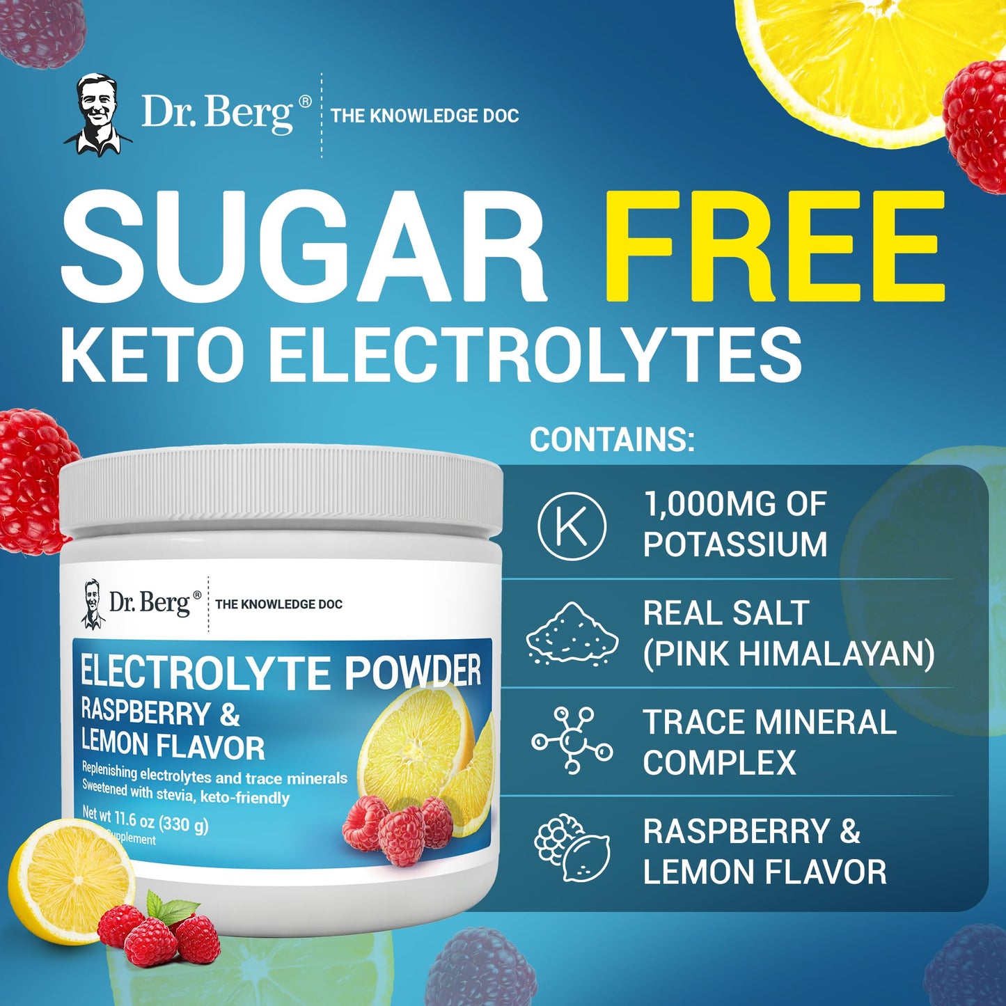 Dr. Berg Zero Sugar Hydration Keto Electrolyte Powder - Enhanced w/ 1,000mg of Potassium & Real Pink Himalayan Salt (NOT Table Salt) - Raspberry & Lemon Flavor Hydration Drink Supplement - 50 Servings