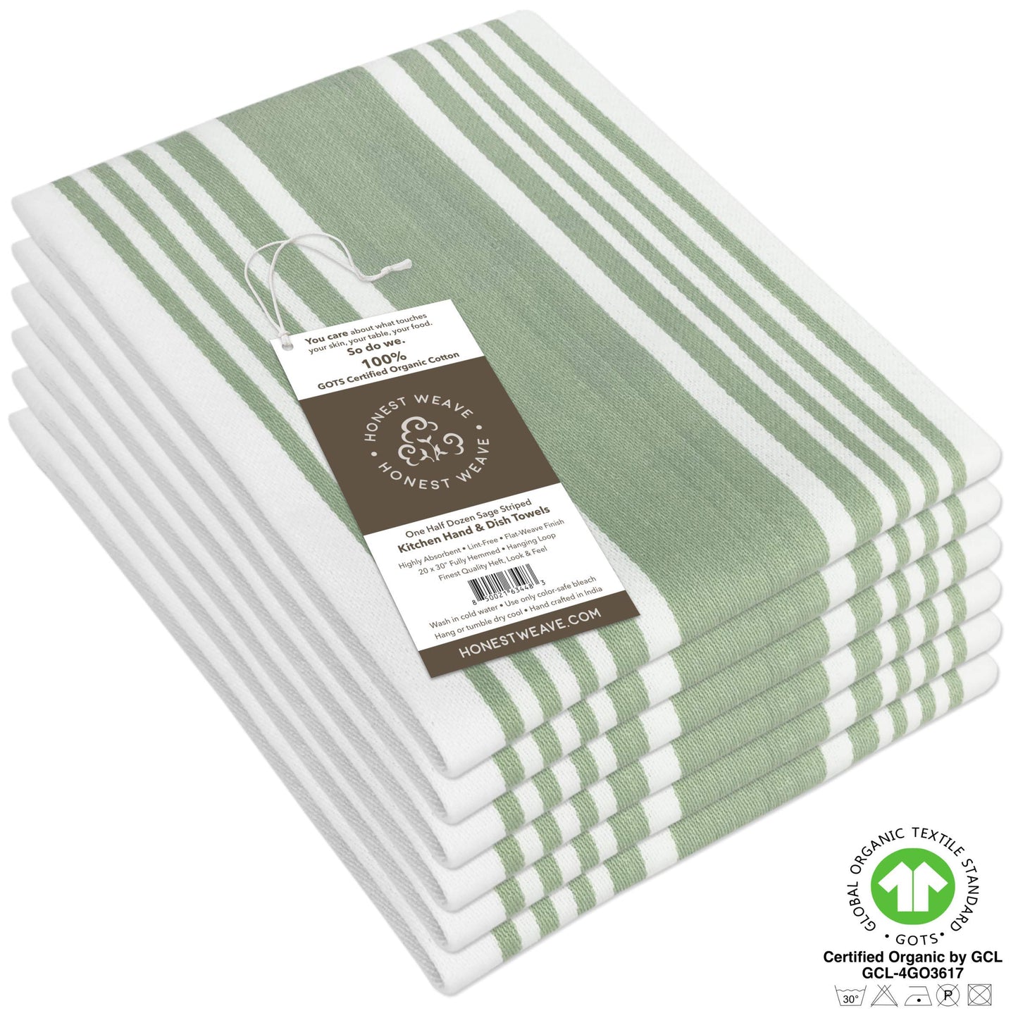 HONEST WEAVE GOTS Certified Organic Cotton Kitchen Hand and Dish Towel Sets - Oversized 20x30 inches, Fully Hemmed, in Designer Colors, 6-Pack, Sage Stripe