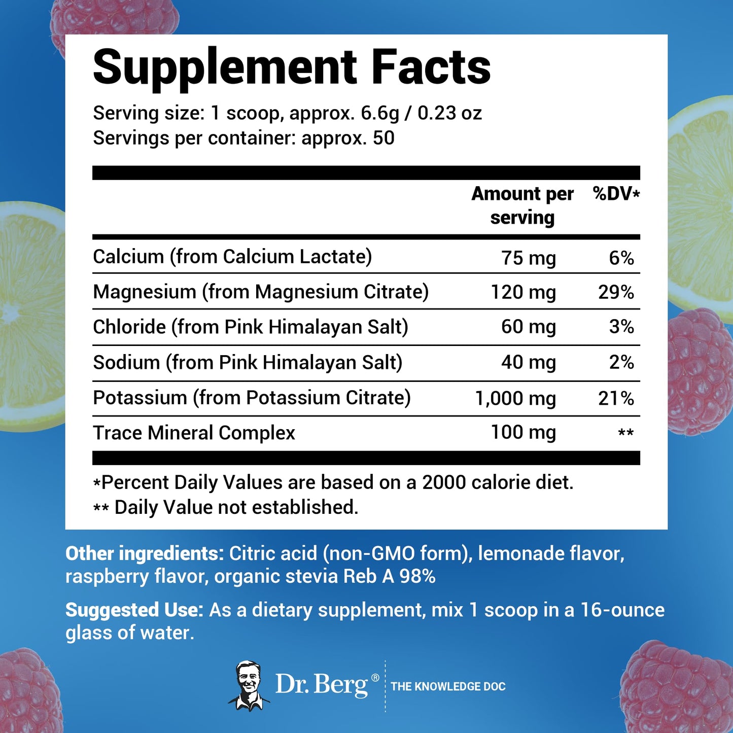 Dr. Berg Zero Sugar Hydration Keto Electrolyte Powder - Enhanced w/ 1,000mg of Potassium & Real Pink Himalayan Salt (NOT Table Salt) - Raspberry & Lemon Flavor Hydration Drink Supplement - 50 Servings