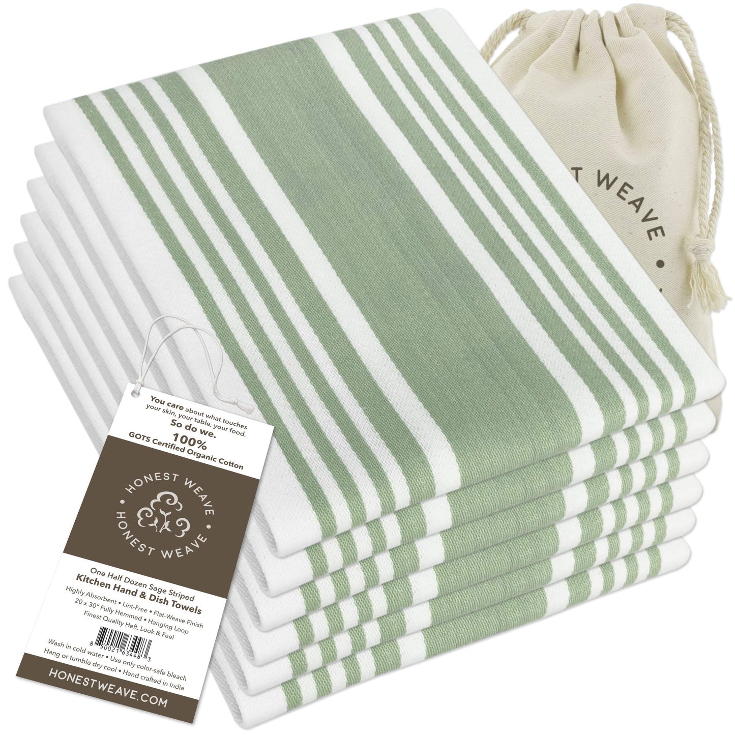 HONEST WEAVE GOTS Certified Organic Cotton Kitchen Hand and Dish Towel Sets - Oversized 20x30 inches, Fully Hemmed, in Designer Colors, 6-Pack, Sage Stripe