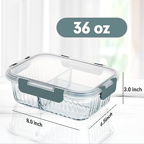 KOMUEE Glass Meal Prep Containers 3 Compartment with lids, 5 Pack 36 oz, Airtight Food Storage Glass Lunch Bento Box, Dishwasher and Microwave Safe,Gray