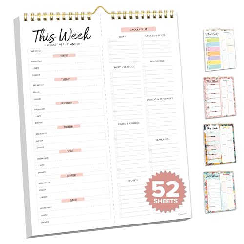 Weekly Meal Planner and Grocery List - 52 Easy Tear-Off Sheets Fridge Meal Planner Magnetic, 8.5x11in Spring-Bound Meal Planning Notepad, Magnetic Meal Planner for Refrigerator, Meal Planner Notepad