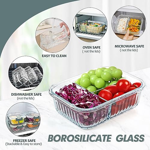 KOMUEE Glass Meal Prep Containers 3 Compartment with lids, 5 Pack 36 oz, Airtight Food Storage Glass Lunch Bento Box, Dishwasher and Microwave Safe,Gray