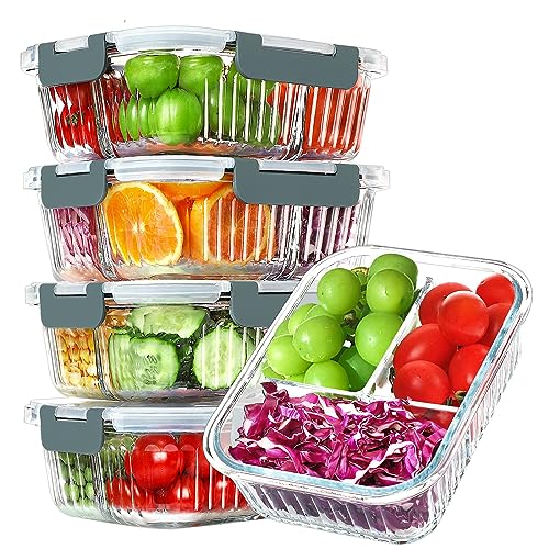 KOMUEE Glass Meal Prep Containers 3 Compartment with lids, 5 Pack 36 oz, Airtight Food Storage Glass Lunch Bento Box, Dishwasher and Microwave Safe,Gray