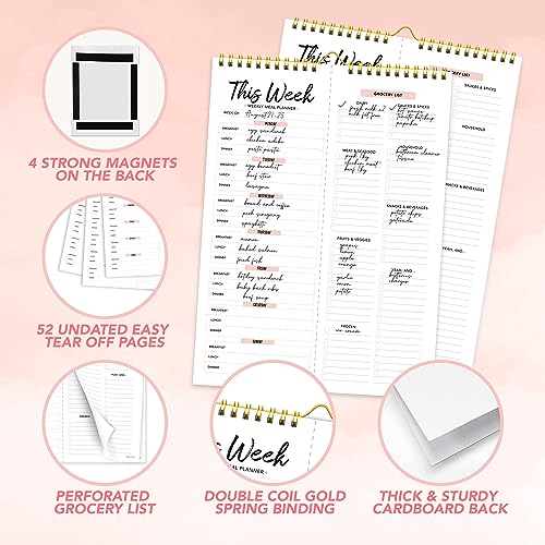 Weekly Meal Planner and Grocery List - 52 Easy Tear-Off Sheets Fridge Meal Planner Magnetic, 8.5x11in Spring-Bound Meal Planning Notepad, Magnetic Meal Planner for Refrigerator, Meal Planner Notepad