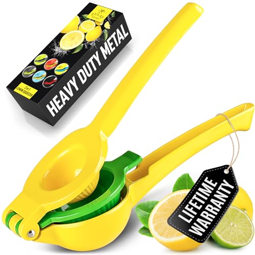 Zulay Kitchen Metal 2-in-1 Lemon Squeezer - Sturdy Max Extraction Hand Juicer Lemon Squeezer Gets Every Last Drop - Easy to Clean Manual Citrus Juicer - Easy-Use Lemon Juicer Squeezer - Yellow/Green