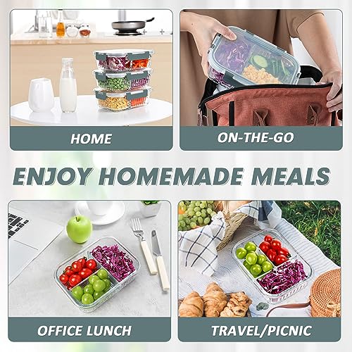 KOMUEE Glass Meal Prep Containers 3 Compartment with lids, 5 Pack 36 oz, Airtight Food Storage Glass Lunch Bento Box, Dishwasher and Microwave Safe,Gray