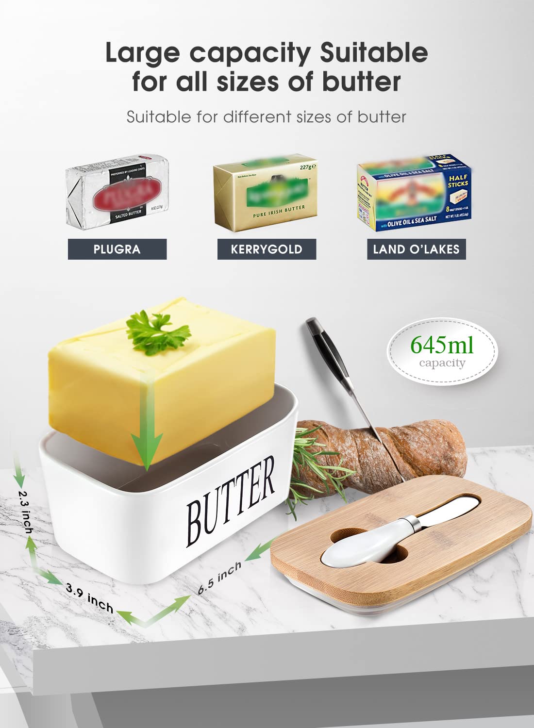 Butter Dish with Lid for Countertop Large Butter Dish Ceramics Butter Keeper Container with Knife and High-Quality Silicone Sealing Butter Dishes with Covers Good Kitchen Gift White