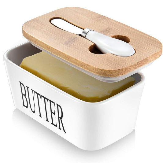 Butter Dish with Lid for Countertop Large Butter Dish Ceramics Butter Keeper Container with Knife and High-Quality Silicone Sealing Butter Dishes with Covers Good Kitchen Gift White