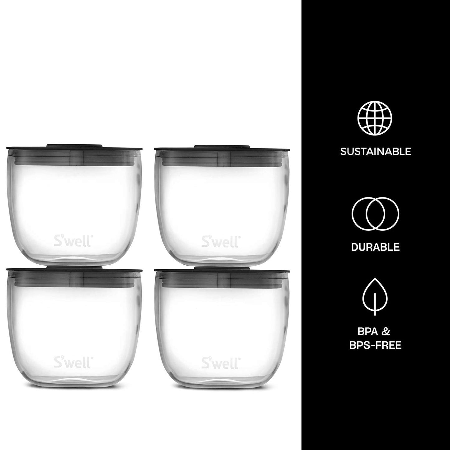 S'well Prep Food Glass Bowls - Set of 4, 12oz - Make Meal Easy and Convenient - Leak-Resistant Pop-Top Lids - Microwavable and Dishwasher-Safe, clear (14212-B20-69900)