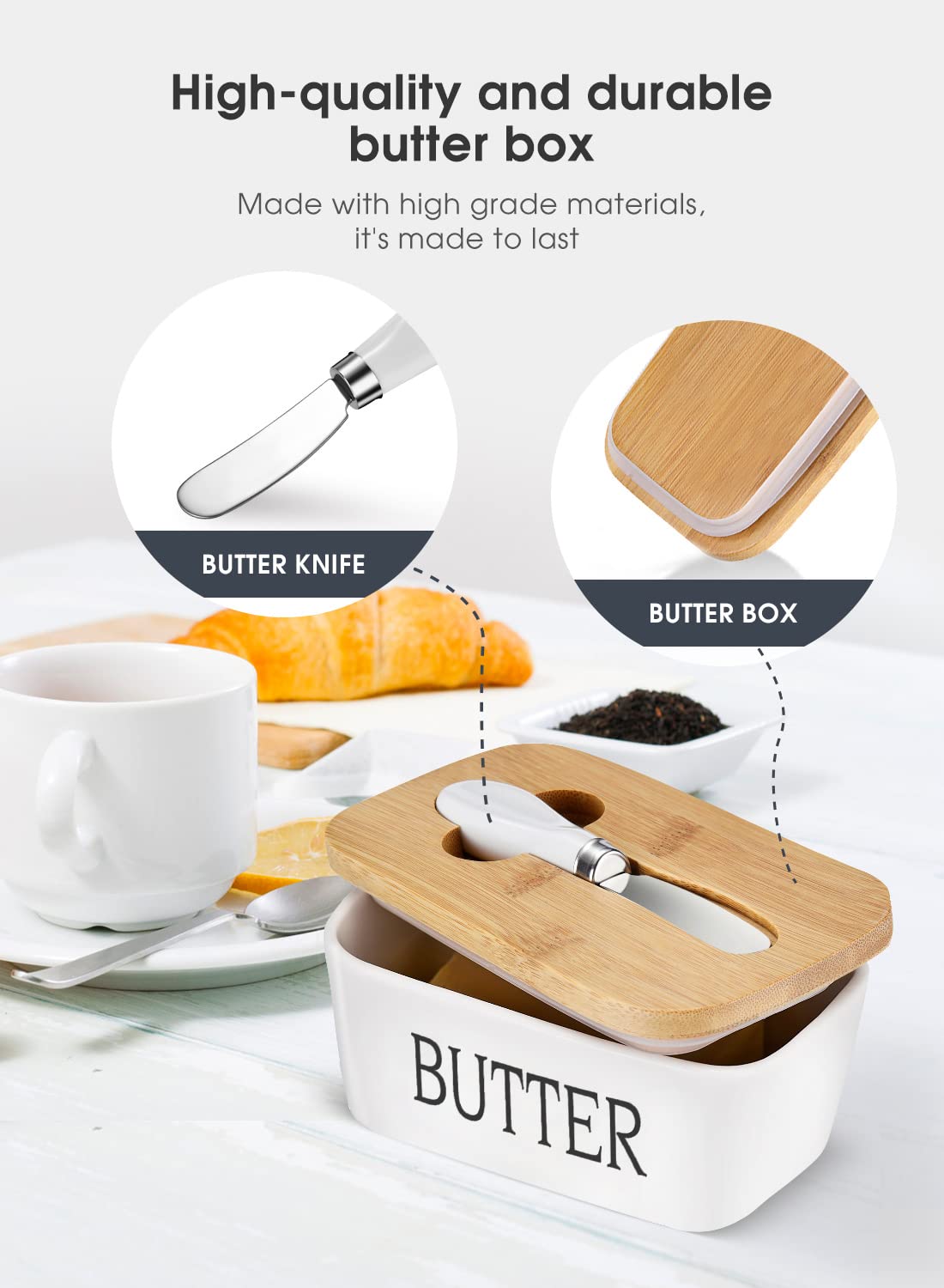 Butter Dish with Lid for Countertop Large Butter Dish Ceramics Butter Keeper Container with Knife and High-Quality Silicone Sealing Butter Dishes with Covers Good Kitchen Gift White