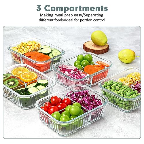 KOMUEE Glass Meal Prep Containers 3 Compartment with lids, 5 Pack 36 oz, Airtight Food Storage Glass Lunch Bento Box, Dishwasher and Microwave Safe,Gray