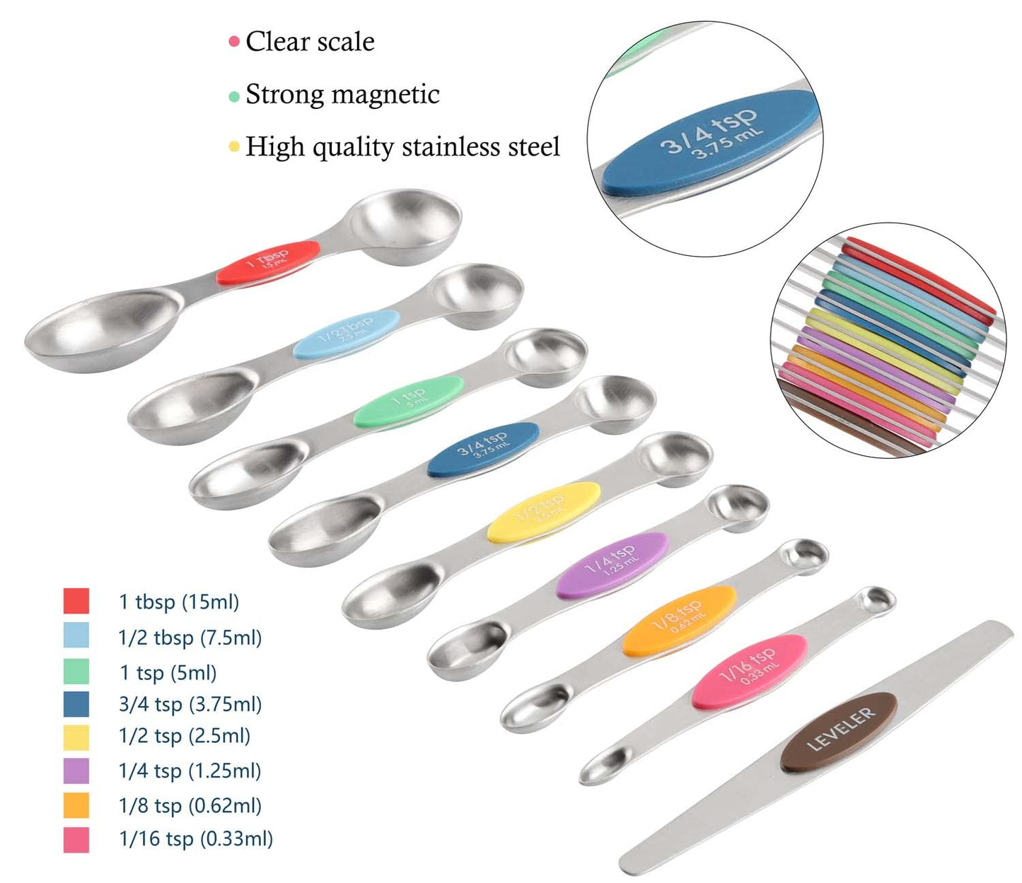 Magnetic Measuring Cups and Spoons Set Including 7 Stainless Steel Heavy Duty Measuring Cup 8 Double Sided Measuring Spoons with 1 Leveler for Dry and Liquid Ingredients (Color)