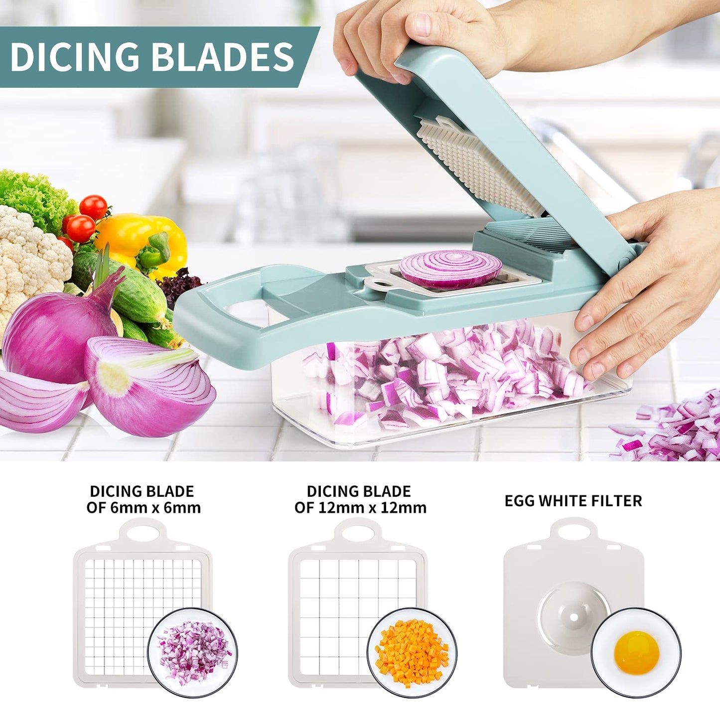 senbowe Ultra-Sharp 420-Grade Hardened Stainless Steel Onion Vegetable Chopper Dicer, 8 Interchangeable Blades, Includes Egg White Separator, Time Saver, 1 Year Warranty