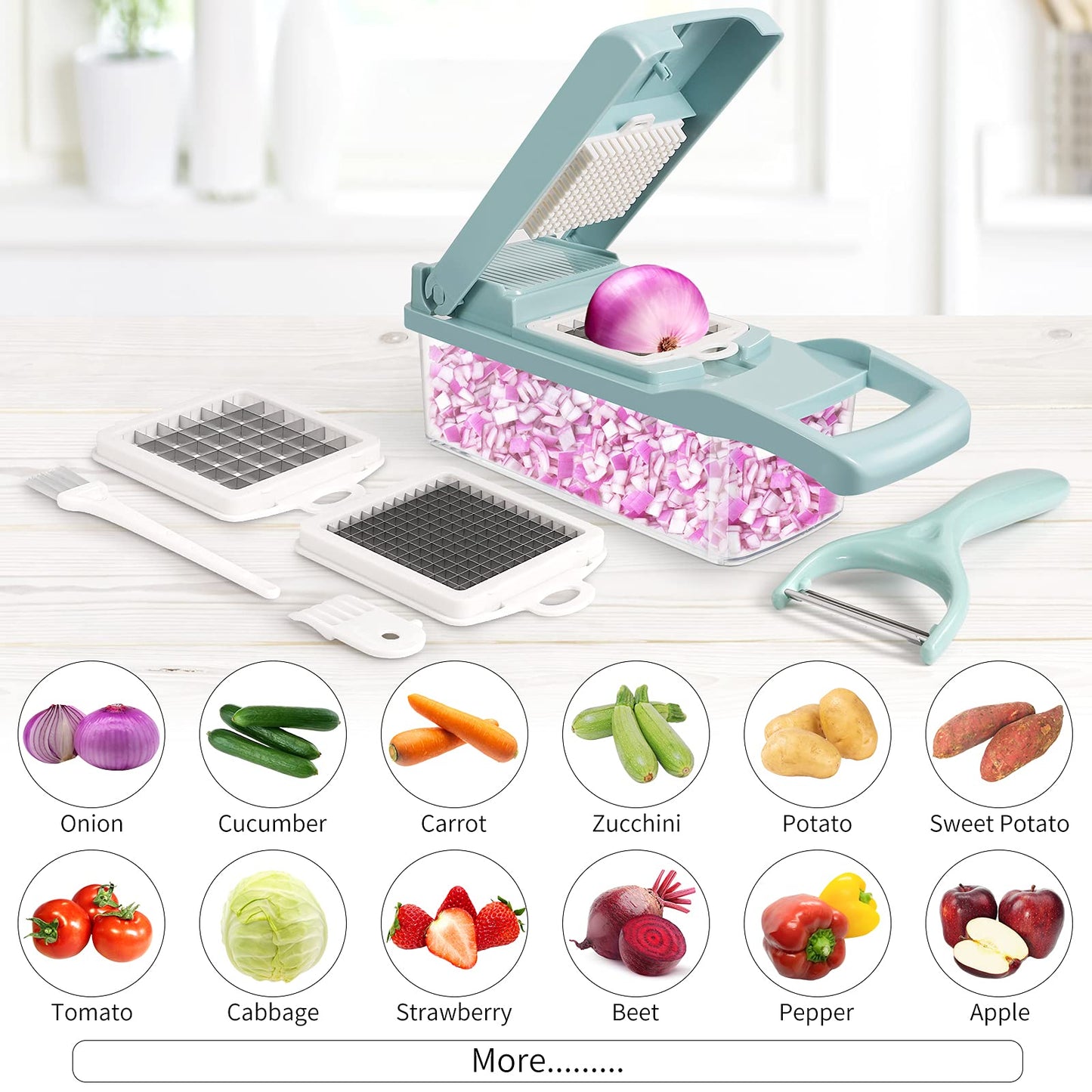 senbowe Ultra-Sharp 420-Grade Hardened Stainless Steel Onion Vegetable Chopper Dicer, 8 Interchangeable Blades, Includes Egg White Separator, Time Saver, 1 Year Warranty